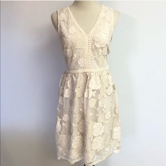 Altar'd State Dresses & Skirts - Alter’d State Cream & Gold Lace V-Neck Mini Dress